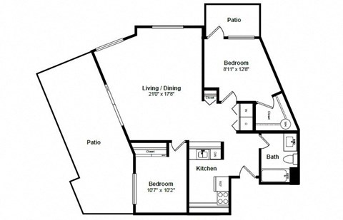 Floor plan for 2 beds, 1 bath, 980 sqft